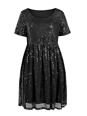 Wenrine Women's Sequin Plus Size Mini Dress Short Sleeve Cocktail Dresses