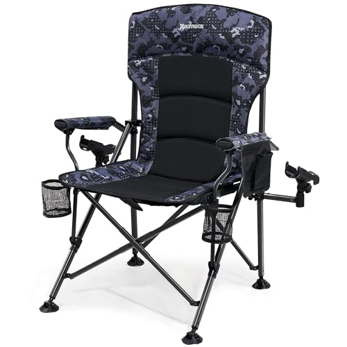 Oversized Camping Chair, Heavy Duty Support 350 LBS Folding Chair, Feet Rotatable Padded Fishing Chair with Rod Holder, Cup Holder, Side Pocket, Hard Armrest for Beach, Fishing,Trip,Picnic,Lawn
