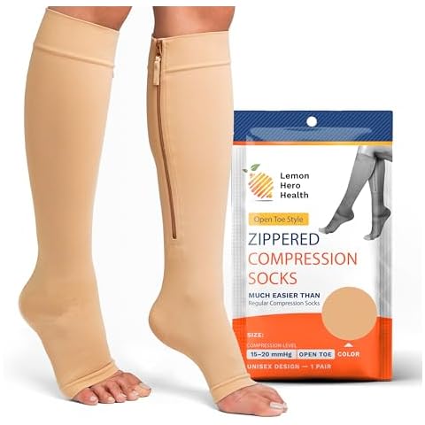 Open Toe 15-20 mmhg Medical Zippered with Zip Guard Skin Protection (4XL, Biege) Short and Normal size bundle Cover