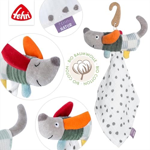 Fehn Mini-Schmusetuch Hund Natur - Mini-Spielkamerad & Stofftier-Schnuffeltuch aus Baumwolle aus biologischem Anbau - für Babys & Kleinkinder ab 0+ Monaten