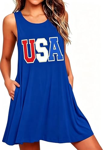Image of Roshop Womens Juneteenth Flag Sleeveless Dress 4th of July Patriotic Swing Sundress with Pockets