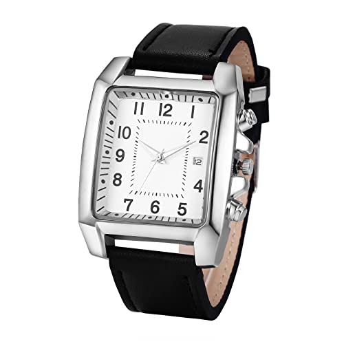 JewelryWe Montre Homme en Cuir,Montre Homme Rectangulaire à Bracelet Analogique Quartz,1ATM Etanche,Montre Vintage Simple avec Calendrier et Gros...