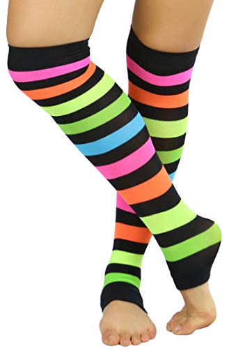 Tobeinstyle Women's Acrylic Horizontal Neon Stripes Knee Hi Leg Warmer, Rainbow, One Size #TOP8