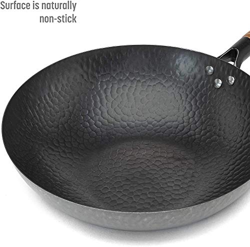 Craft Wok Traditional Hand Hammered Carbon Steel Pow Wok with Wooden and Steel Helper Handle (For Electric, Induction and Gas Stoves(12.5\"Flat Bottom Wok) - Thumbnail 6