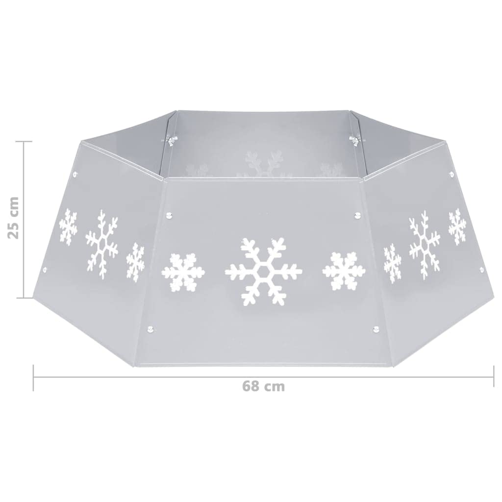 Jupe de Sapin de Noël en métal argenté et Blanc avec Motif de Neige, diamètre 68 cm Hauteur 25 cm, décoration saisonnière pour Pied d'arbre, Salon, Maison et fête hivernale