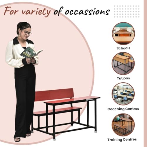 Image of GOYALSON School Home Tution College Bench Duel Desk Student Bench Cum Duel Desk Strong and Sturdy Metal Standard Structure with Wooden Top (4, Red, Small Students with Back)