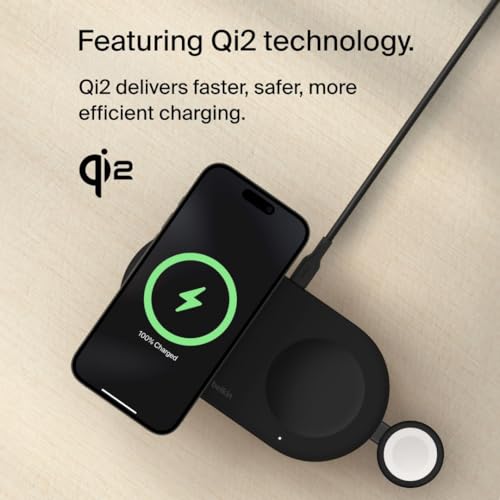 Belkin WIZ022qcBK 3 in 1 Wireless Charger, Qi2 Certified, Compatible with MagSafe iPhone 17, 16-12, Smartphones (Up to 15W Fast Charging), AirPods/Wireless Charging Compatible Earphones (5W Charging - Image 2