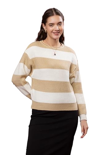 Image of Wear lusso Women's 100% Wool Color Block Stripe Full Sleeve Round Neck Pullover Sweater | Winter Season Fashion