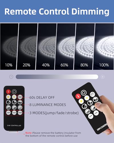 Image of 66ft LED Strip Lights with Remote, 6500K Daylight White Dimmable Tape Lights, 12V 1200 LEDs 2835 Strong Adhesive Rope Lights for Cabinet Kitchen Ceiling Closet Vanity Mirror Stairway Basement