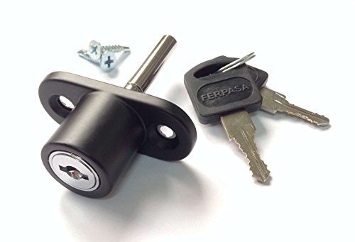 FERPASA® - Cerradura de Seguridad para Ventanas Correderas – Cierre de Sobreponer de Acero en Acabado Negro con 2 Llaves y Tornillería (53,5 x 23,5 mm)