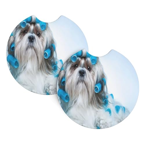 Shih Tzu Dog Curlers Grooming Salon + 2 Car Cup Coasters