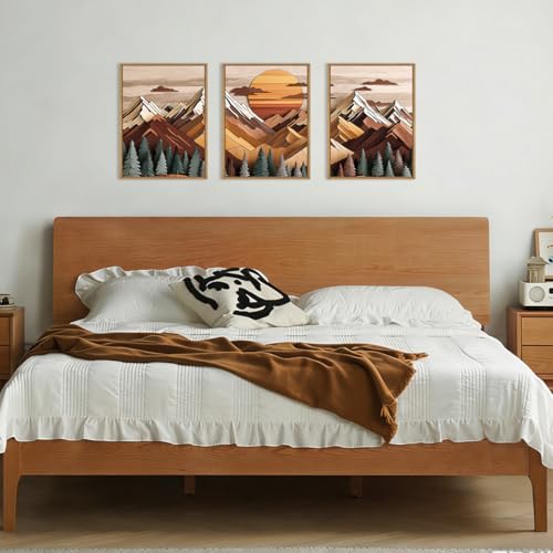 Image of KAIRNE Woodcut Style Mountain Framed Canvas Wall Art Set,Wooden Pine Tree Wall Decor,Vintage Forest Landscape Art Prints,Nature Sunrise Artwork for Living Room,Bedroom,Farmhouse,Office-12 x16 x3