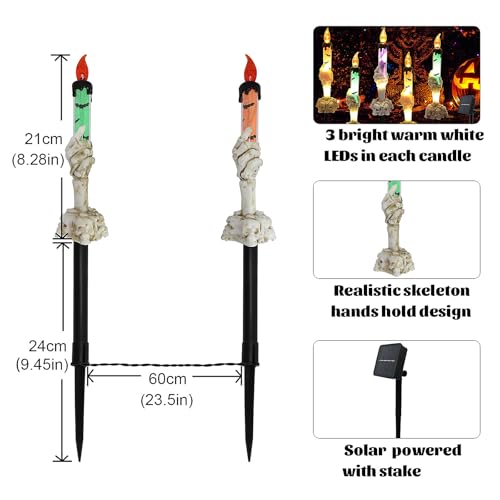 VEALIZUU Halloween Candle Lights Decorations, 5 Pack Solar Powered Skeleton Hands Hold Candle LED Lights with Stakes, Halloween Lights for Halloween Decorations Outside Pathway Lawn Garden