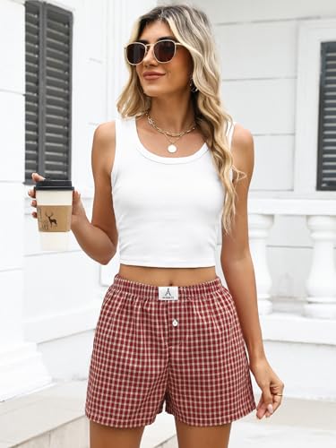 Image of ANRABESS Boxer Shorts for Women Gingham Pajama 2026 Summer Casual Lounge Sleep Plaid Shorts Y2K Beach Bottoms