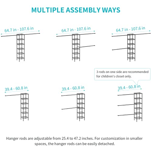 Ulif Closet Garment Rack, 6 Tier Heavy Duty Metal Clothing Storage Organizer With 3 Adjustable Hanging Rods, Easy To Assemble Onto The Wall Space Saver For Bedroom And Cloakroom, Suits Space From 5.4 - 9 Ft. Width, 71.2”H X 14”D, Black #TOP6