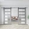 BARNSMITH 84in x 84in Double Glass Barn Door with 14FT Sliding Door Hardware Kit Included & Handle,5-Panel Frosted Glass Sliding Door,Pre-Drilled Easy Assembly,Double Barn Door(2 * 42in x 84in),Grey