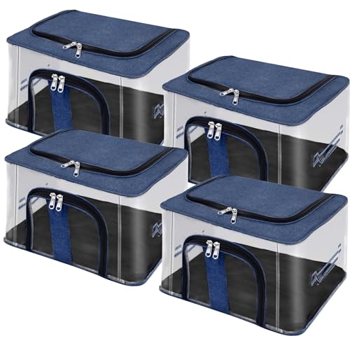 Image of Storite 4 Pack Nylon 33 L PVC Transparent Moisture Proof Storage box for Clothes Closet Wardrobe Organizer for Clothes Saree Bags with Carry Handle (DarkBlue, 44L x 31W x 24H cm)