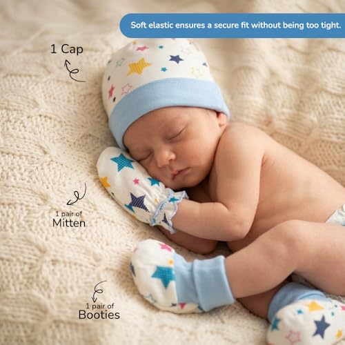 Image of TINYLANE - Curated For You! Newborn Baby Gift Set, 100% Cotton, Star Print, 0-6 Months, Bodysuit with Cap, Mittens and Double Layer Blanket, Newborn Baby Essentials, Baby Hamper for New Born