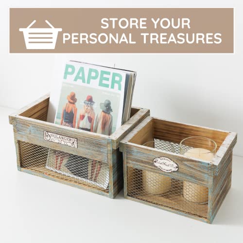Slpr Openwork Wire Wooden Boxes - Set Of 2: Farmhouse Decorative Kitchen Storage, Rustic Country Style Nesting Baskets, Vintage Wood Crates For Display, Washed Wood Storage Bins, Crates For Decoration #TOP5