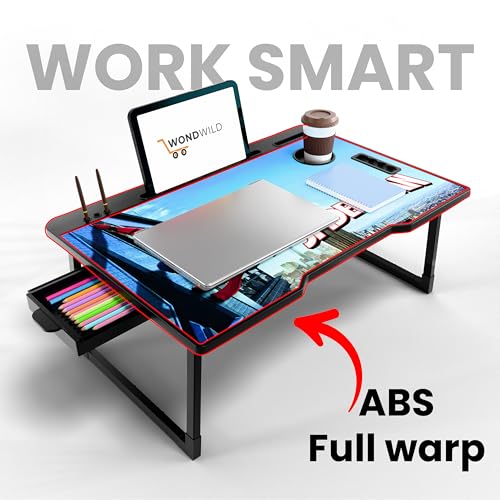 Image of WONDWILD Smart Multipurpose Foldable Laptop Table with Cup Holder, Study Table, Bed Table, Breakfast Table, Foldable and Portable /Ergonomic & Rounded Edges /Non-Slip Legs (ABS SP)