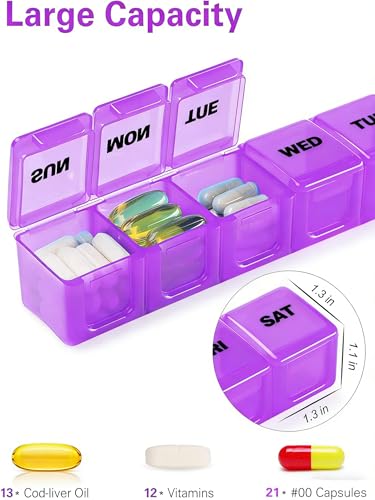 Image of BUG HULL Weekly Pill Organizer Large 2 Packs, Extra Large Travel Pill Organizers, Pill Box 7 Day, Travel Pill Case, Medicine Pill Organizer for Vitamins, Supplements and Medication (White+Purple)