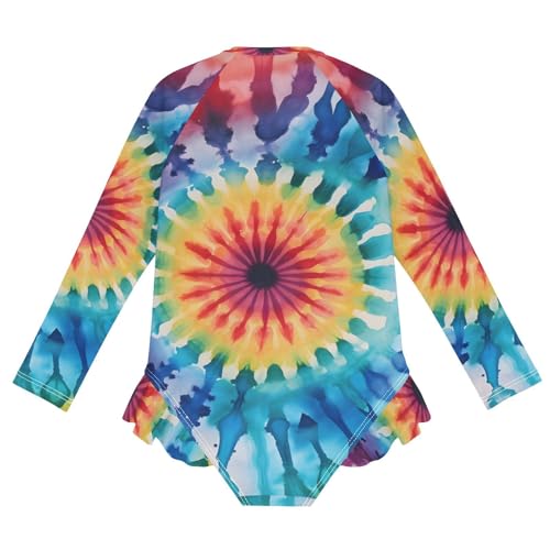 Girls One Piece Swimsuits Long Sleeve Swimsuit Zipper Bathing Suits Rainbow Tiedye V2