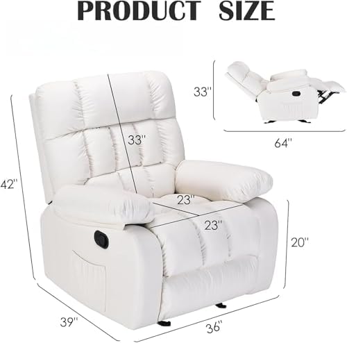 Image of Oversized Recliner Chair, Leather Recliner Adjustable with Side Pockets, Living Room Reclining Lounge Chair for Adults, Small Spaces Comfy Sofa with Theater Seating for Bedroom, Movie,White