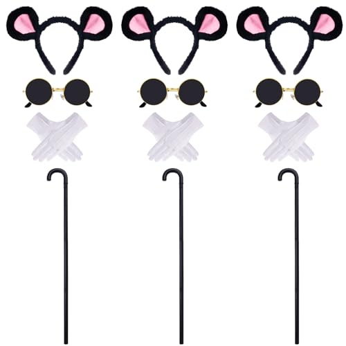 Pistha 12 Pcs Mouse Costume Accessories Set Mouse Ears Headband Sunglasses Blind Cane White Gloves for Halloween Adult Women Costume