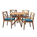 Christopher Knight Home Jordan Outdoor 5 Piece Acacia Wood Dining Set, Teak Finish/Blue