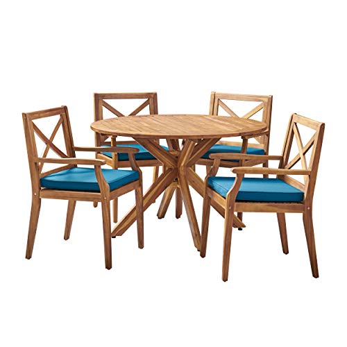 Christopher Knight Home Jordan Outdoor 5 Piece Acacia Wood Dining Set, Teak Finish/Blue
