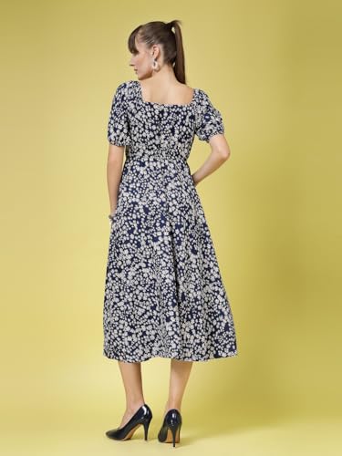 Image of OOMPH! Below Knee Shift Pink Dress in Crepe Fabric with Round Neck and Puff Sleeves - md619l