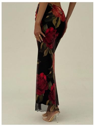 Women's Floral Mesh Bodycon Maxi Skirts Lettuce Trim Going Out Skinny Skirt2