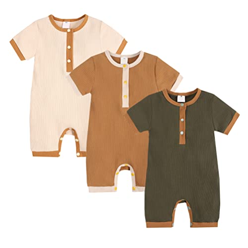 Image of Bafeicao Baby Boy Girl 2/3 Pack Solid Romper Ribbed Short/Long Sleeve Bodysuit Jumpsuit Infant Knitted Outfits Clothes