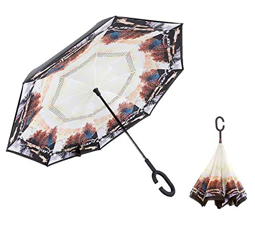 Preisvergleich Produktbild DUBAOBAO Inverted Regenschirm, Anti-UV Fantastische Wald doppelte Schicht windundurchlässige Regenschirm freihändiger Schirm geformten Griff C