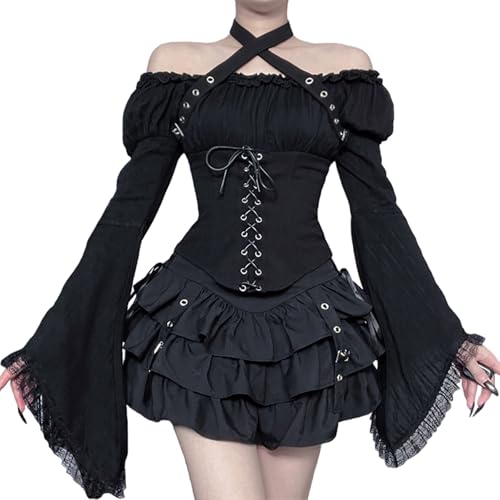 [Sivrusn] ゴシック 黒 ロリータ ワンピース コスプレ ミニ ゴスロリ セットアップ ハロウィン コスチューム衣装 原宿系 暗黒系 地雷系 可愛い ドレス 甘ロリ JSK 姫 お嬢様 レディース パーディー 二次会 アイドル ライブ ステージ衣装 L (cf25321)