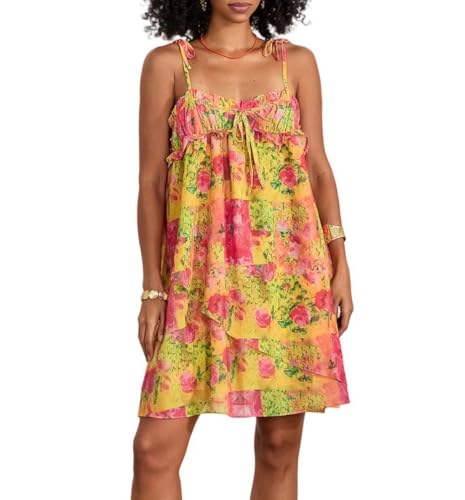 Image of Women Boho Floral Mini Cami Dress Spaghetti Strap Flowy Sling Dress Graphic Backless Summer Holiday Sundress