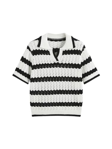 CIDER Women T Shirts Collared Short Sleeve Hollow Out Striped Knitted Tops Casual Summer Outfits