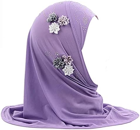 Muslim Hijab Head Scarf Ice Silk Headwear Floral Kids Amira Hijab Islamic Head Wrap for Age 2-6 Years Girls (purple (6 flowers))
