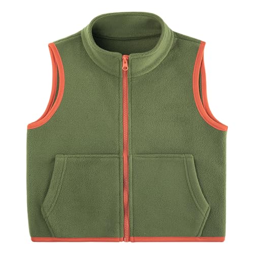 ANIMQUE Eltern-Kind Polar Fleece Gilet Jungen Mädchen Weste Einfarbig Stehkragen Fleeceweste Reißverschluss Kinder Ärmellos Jacke, Oliv 110