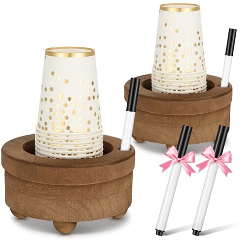 Newtay 2 portavasos de madera con ranura para marcador, dispensador de tazas marrón, dispensador de tazas desechable para decoración de fiestas, baño, cocina, duchas, picnic, inauguración de la casa,