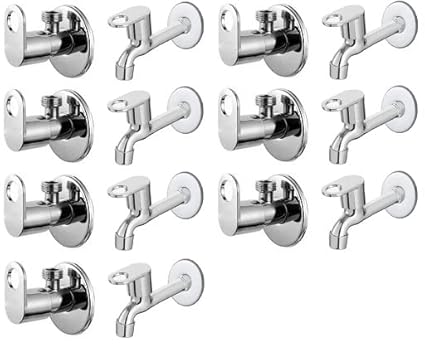 Spazio Stainless Steel Prime Angle Valve With Long Body Combo Pack Foam Flow Water Taps With Wall Flange (Pack of 7) (Chrome Plated, Brass Disc)