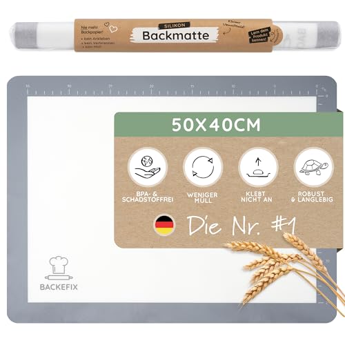 Backefix Silikon Backmatte 50×40 cm Grau – wiederverwendbare 2in1 Ausrollmatte und Teigunterlage zum Kneten, Formen und Teigarbeiten, Backen, antihaftend, spülmaschinenfest und frei von BPA & PFAS