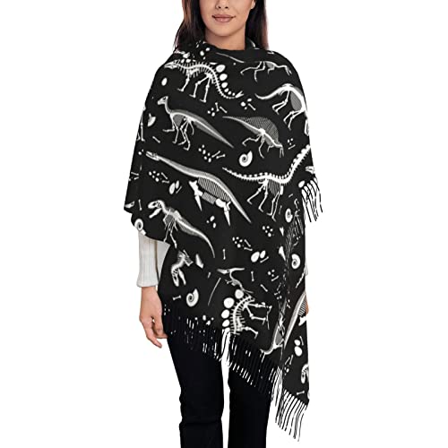 Bagea-Ka Black and White Dinosaur Skeleton Pattern Scarf Long Shawl Wraps Pashmina for Women Girls with Tassels Soft Warm Cozy2