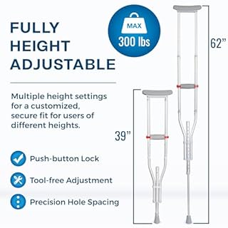DMI Universal Aluminum Crutches - Adjustable Underarm Walking Aid for Adults, Shorter to Tall (4'6"-6'6"), Push-Button Height Adjustment, 300 lbs Capacity, Slip-Resistant Tips, 1 Pair