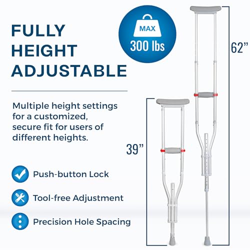 DMI Universal Aluminum Crutches - Adjustable Underarm Walking Aid for Adults, Shorter to Tall (4\'6\"-6\'6\"), Push-Button Height Adjustment, 300 lbs Capacity, Slip-Resistant Tips, 1 Pair - Thumbnail 4