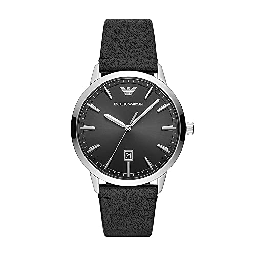Emporio Armani Orologio Da Uomo, Movimento A Tre Lancette Con Data, Cassa In Acciaio Inossidabile Argentato Da 43 Mm Con Cinturino In Pelle, Ar11193