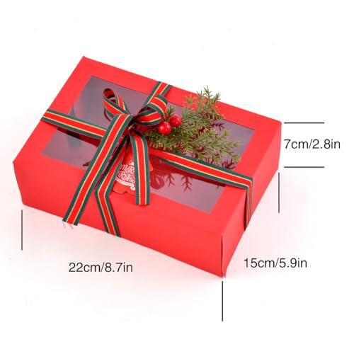 TIMBLESSING 12 Pack Christmas Gift Boxes with Clear Window, Red Christmas Gift Boxes with Ribbon, Pine Sprigs & Berry Decorations for Holiday Wrapping, 8.7x5.9x2.8 Inch (RED) by TIMBLESSING - Image 4