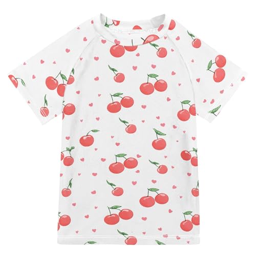 ALAZA Kids Rash Guard Girls Toddler Swim Shirts Short Sleeve Cute Cherry White UPF 50+ 3T
