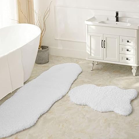 Ashler Bathroom Rug Non Slip Microfiber Bath Area Rugs, 2 Sets Water Absorbing Mat Ultra Soft Shower Rugs, Plush Runner Machine Washable Carpet, White 24 x 36 & 24 x 72 inches Cover
