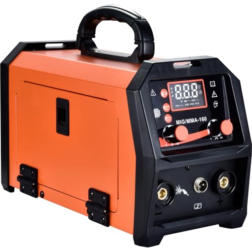Image of Synergic Control 4-in-1 MIG Welder 160A, Portable Dual Voltage IGBT Inverter, Gasless Flux Core Welding Machine with Digital Display for ARC/Lift TIG, Low Noise (Black+Orange-01)